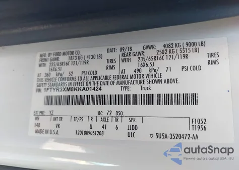 2019 Ford Transit-250 from USA, damaged, VIN 1FTYR3XM8KKA01424